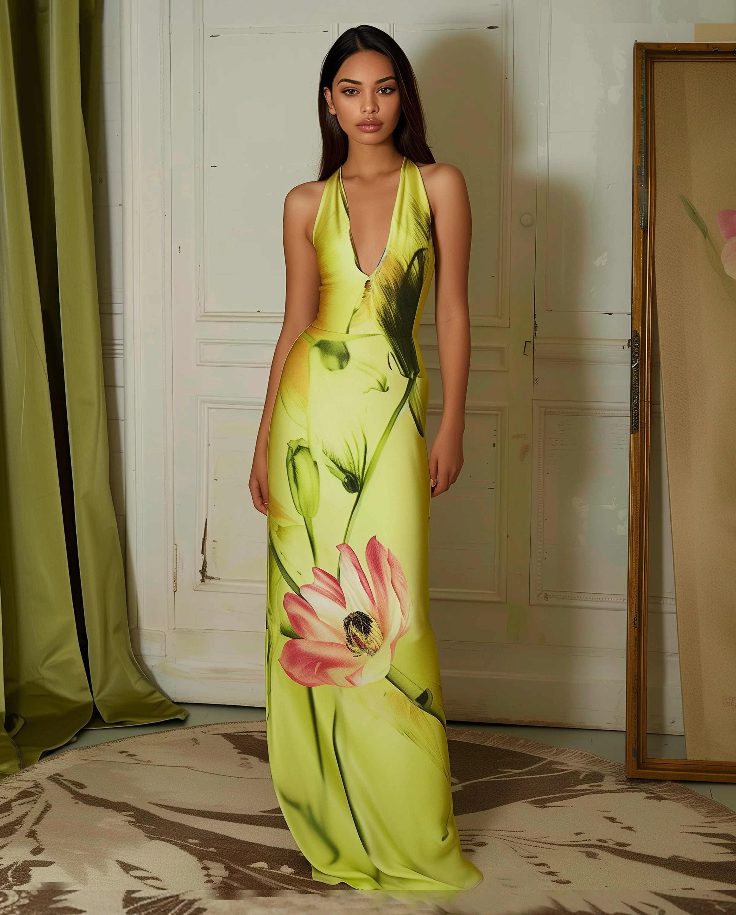 Floral Satin Halter Dress - Yellow/Pink | JW PEI US