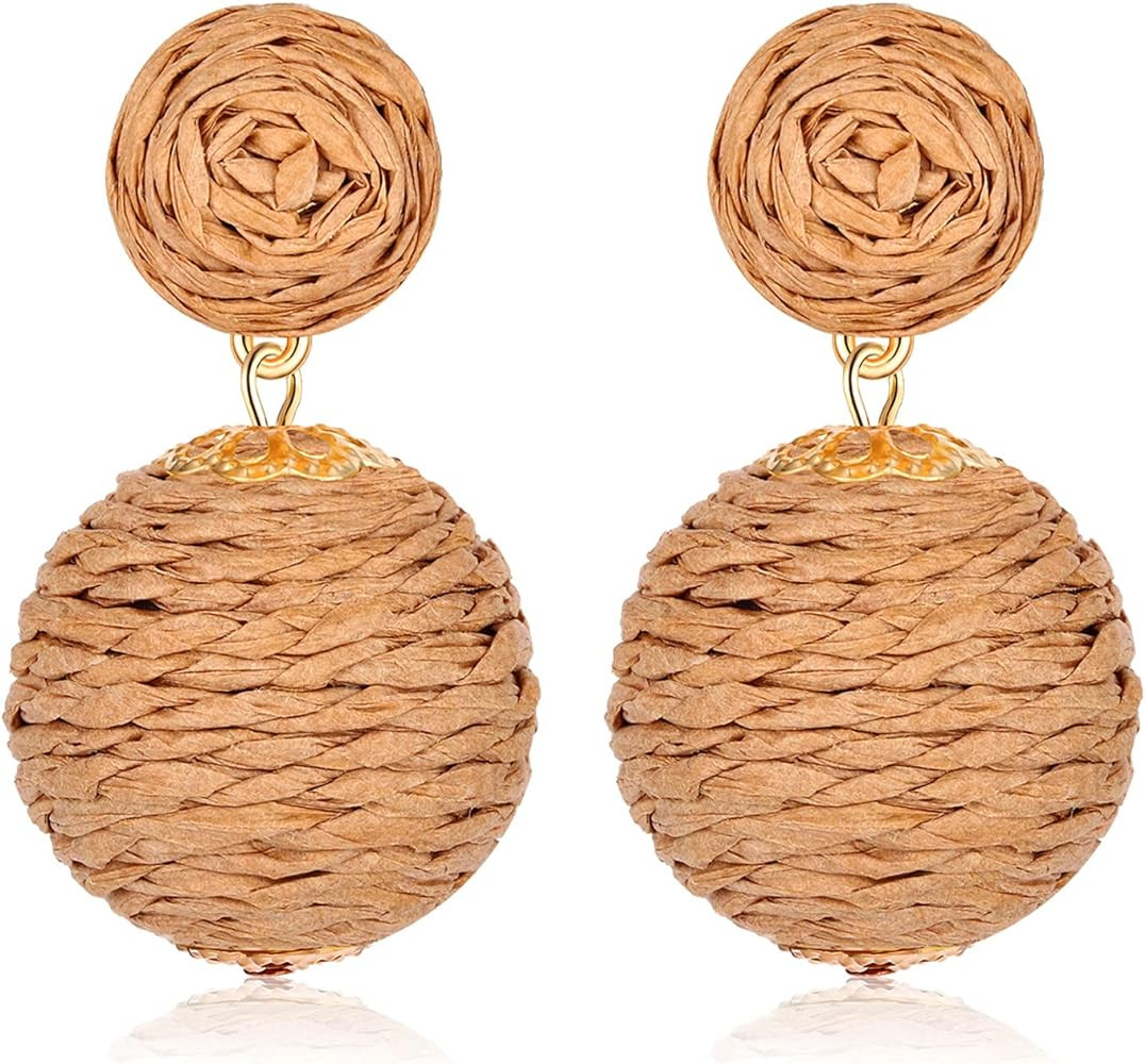 Statement Raffia Earrings, Boho Handmade Straw Rattan Drop Earrings, Geometric Raffia Lantern Dangle | Amazon (US)