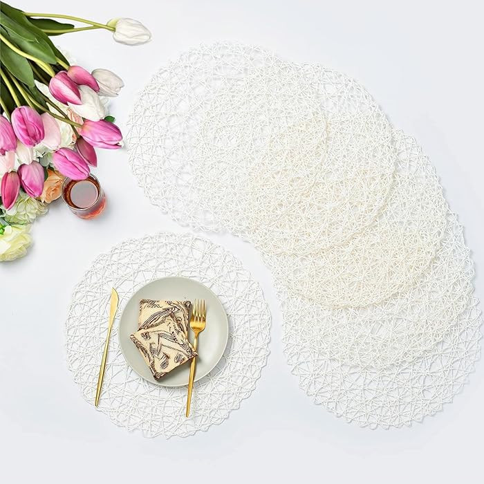IcosaMro White Round Placemats Set of 6 for Dining Table, 15 Inch Paper Woven Boho Decorative Cir... | Amazon (US)