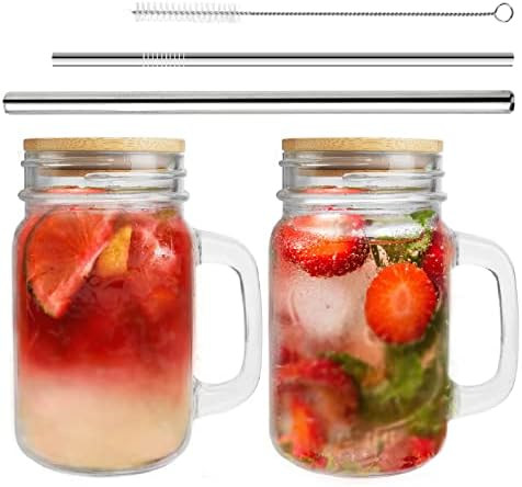 Mason Jar with Handle, Set of 2 Regular Mouth Mason Jars 16 Oz, Mason Jar with Lids and Straws, Reus | Amazon (US)