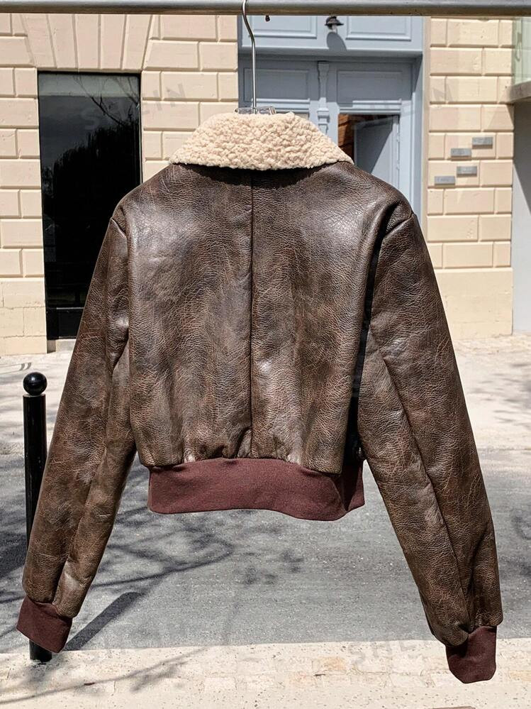 SHEIN EZwear Women's New Autumn/Winter Faux Fur Collar Short PU Leather Jacket | SHEIN