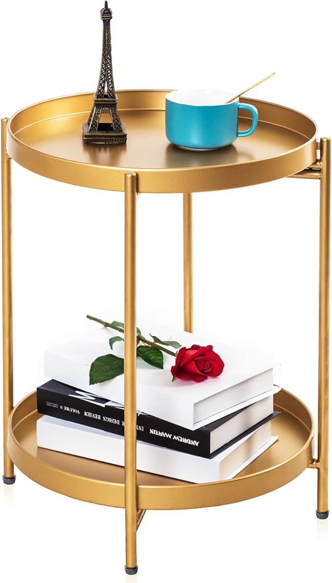 Sankell Gold End Table, 2-Tier Round Metal Side Table Removable Tray, Small Accent Table/Nightsta... | Amazon (US)