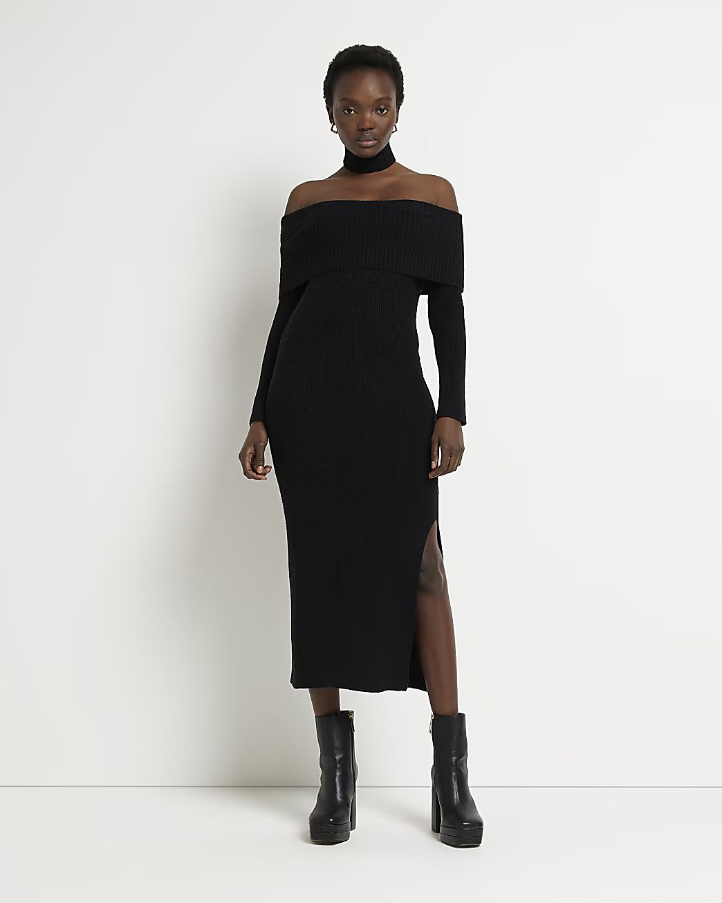 Black knit bardot bodycon midi dress | River Island (UK & IE)