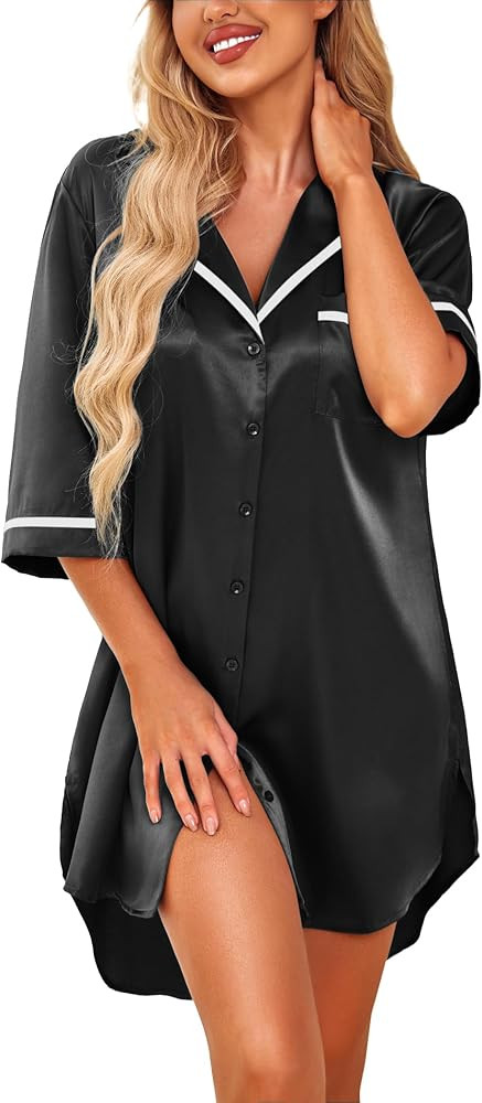 Ekouaer Women's Satin Nightshirt Button Down Nightgown 3/4 Sleeve Sleeptshirt with Pockets V Neck... | Amazon (US)