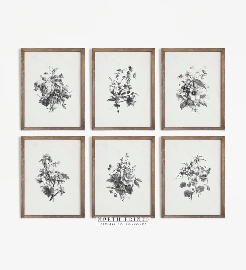 Vintage Botanical Gallery Wall Print SET | Neutral Flower Drawing Prints | Digital PRINTABLE | S6... | Etsy (US)