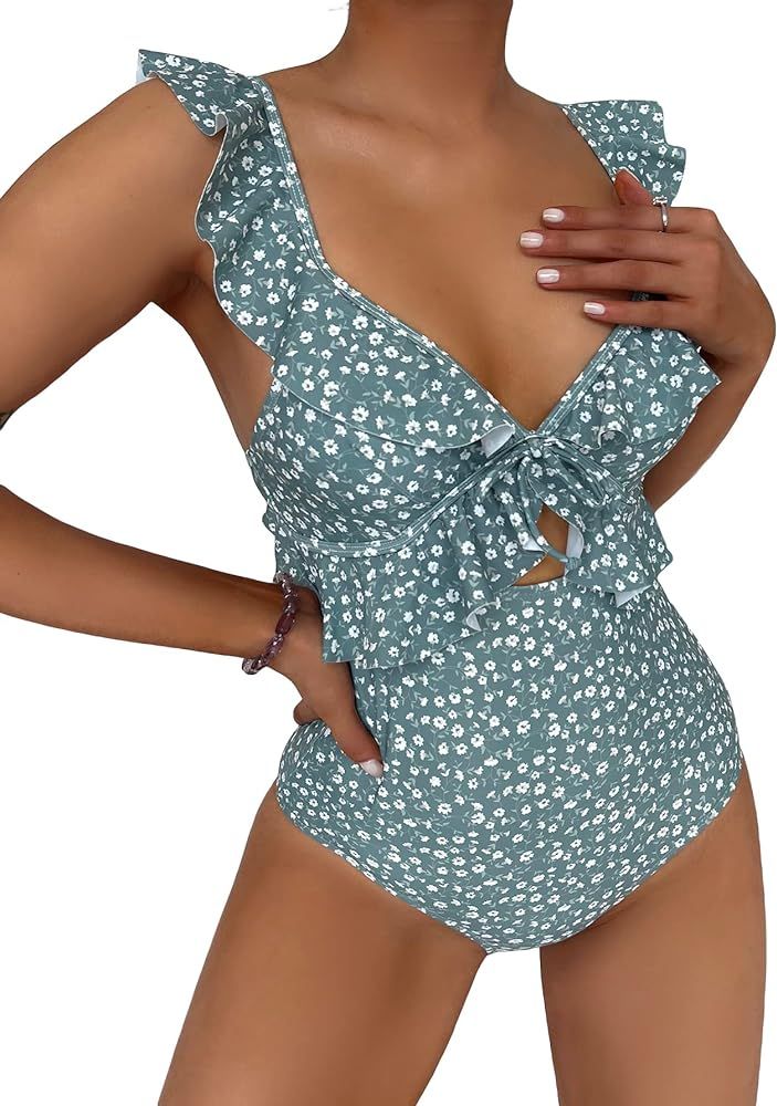 OYOANGLE Women's Floral Ruffle One Piece Swimsuit Tummy Control High Waisted Cutout Bathing Suit | Amazon (US)