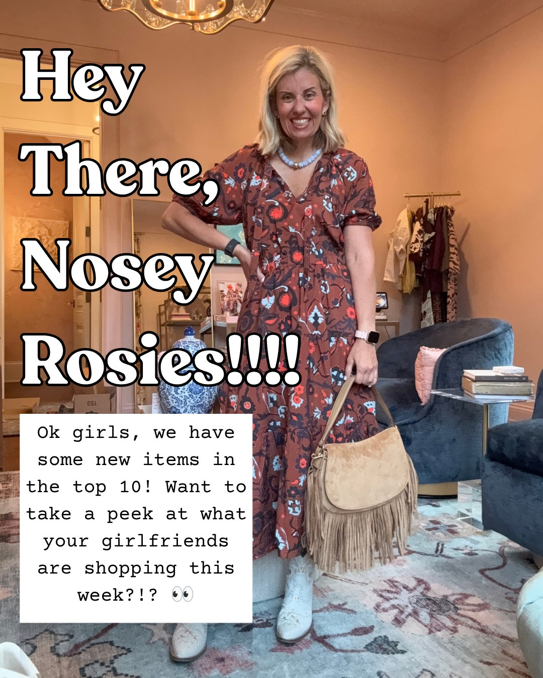 Calling all Nosey Rosie’s!! This week’s favorites according to y’all!
Sizing:
Chambray top - xs 
Floral top - xs
Gingham top - small
Ruti Pants - 4P
Mersea sweater - one size 
Walmart dress - xs 
Skirt - xs 
Emmy top - xs
Cord pants 4R

CODES:
*Social Threads - FF20
*Mersea - Catherine15
*Sunshine Tienda - mixandmatch