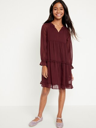 Printed Long-Sleeve Tie-Front Tiered Swing Dress for Girls | Old Navy (US)