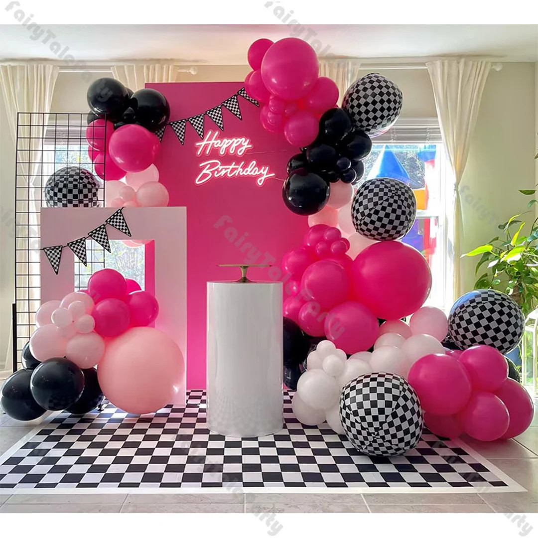 127pcs Matte Hot Pink Black Checkered Balloons Garland Arch Set Race Car Baby Shower Girl 1st 2nd... | Etsy (US)
