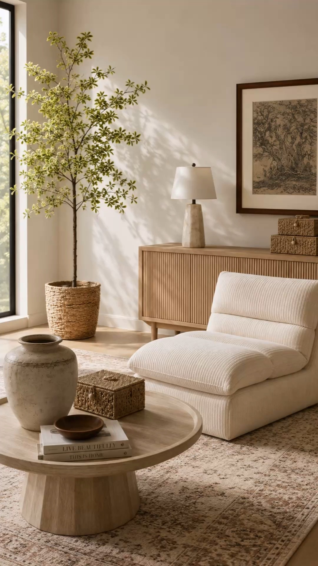 This is your sign to stop overcomplicating your space 🤍

A few warm wood tones, layered textures, soft lighting, and one statement tree can completely change the way a room feels. I’m obsessed with how calm and elevated this little corner turned out without feeling overly styled.

The boucle lounge chair might be my favorite part though 👀

#LTKHome #LTKSeasonal #LTKSaleAlert