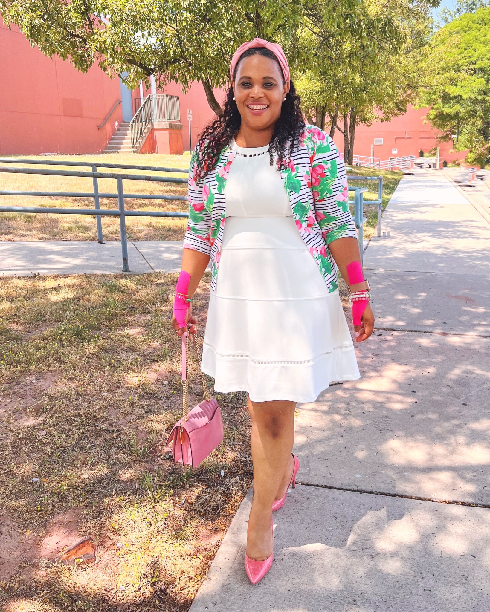 white dress with pink accessories KimBarfieldStyle on LTK
