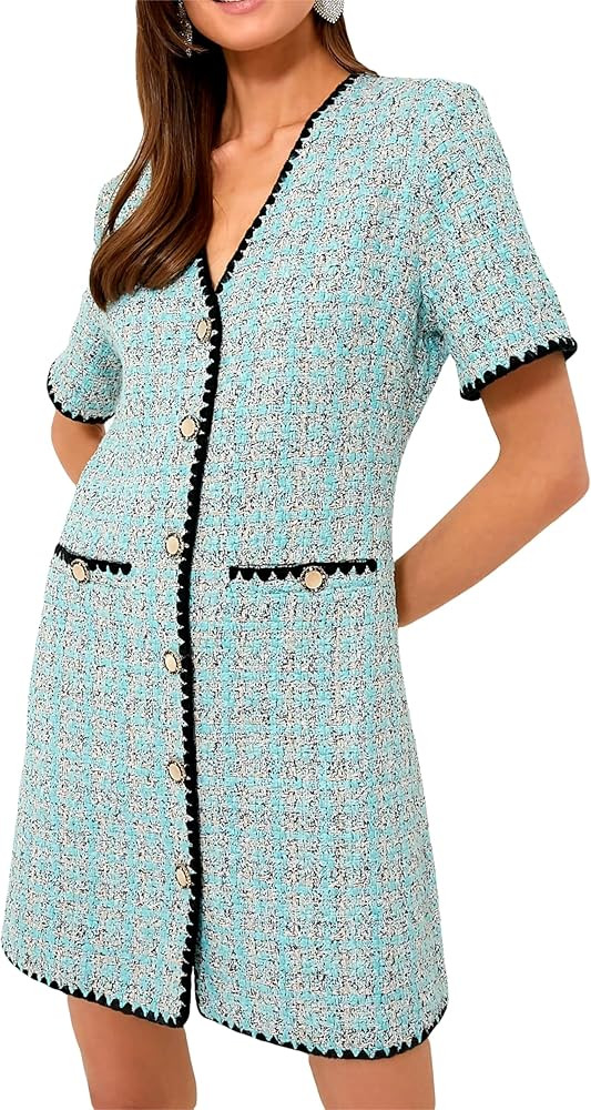 LifeShe Women's Tweed Jackie Dress Button Front V Neck Short Sleeve Business Work Mini Dress | Amazon (US)