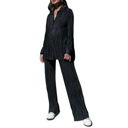 Sunisery Women’s Casual 2 Piece Outfits Button Down Pleated Shirt + Pants | Walmart (US)