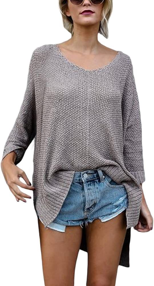 Womens Long Sleeve V Neck Blouse Casual Loose Knit Pullover Sweater Tops | Amazon (US)