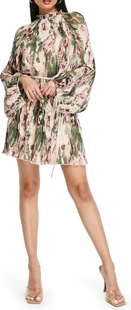 ASOS DESIGN Floral Long Sleeve Pleated Minidress | Nordstrom | Nordstrom