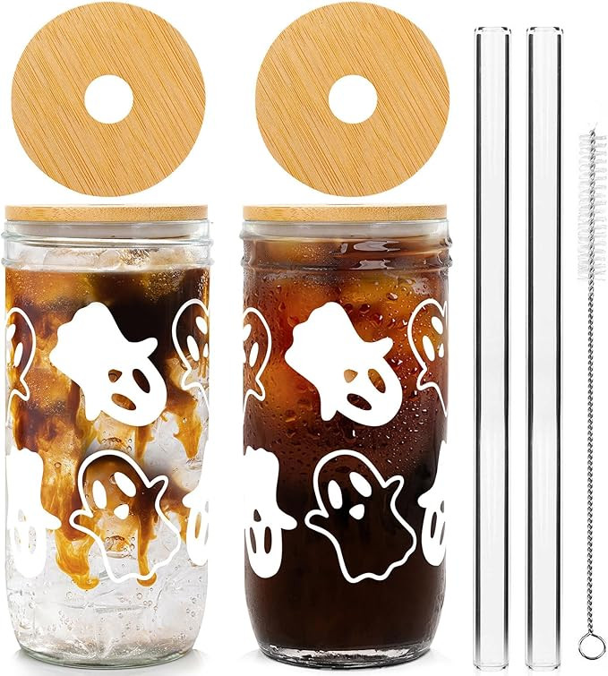 Halloween Cups, 24oz Halloween Mason Jar with Lid and Straw Halloween Tumbler Coffee Cups Hallowe... | Amazon (US)