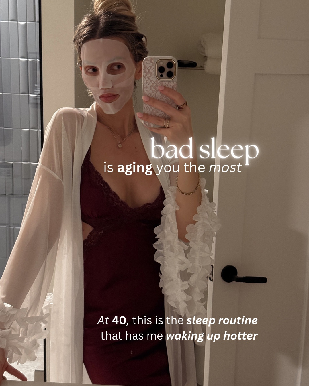 the body stops producing collagen if sleep is bad.. gasp… not today sir. 🙈
At 40, I literally care more about sleep than about skincare, supplements, facials, or any longevity protocol. 🙋🏼‍♀️ It’s the biggest marker on how fast you’re aging, inside and out. 

Yes… this night routine is a lot, but I swear it works like a charm. I fall asleep within a minute each night and stay asleep until morning.
My sleep score is almost always 90+ and I’m looking and feeling better in my 40s than my 30s (when my sleep was TRASH)

Here is the full list of everything I do each night to have the best seep of my life:
- A ritual of ‘turndown’
- All lights on a timer to turn red
- 3, 2, 1 rule for food, drink and screens
- Sleepy girl mocktail 
- No heavy cleaning before bed
- Sleeping with eye mask and mouth tape
- PEMF mat for 20 mins every evening 
- An air purifier in the bedroom
- Doing skincare by candlelight 
- Temp down to 65 f
- Not going to bed with problems on my mind
- Phone goes into DND at 7pm
- Getting sunlight in my eyes within 2 hours of waking 

Never say “I can’t sleep” again 

Let me know if you want a video or further deep dive into any of these! 


#LTKBeauty #LTKOver40 #LTKselfcare