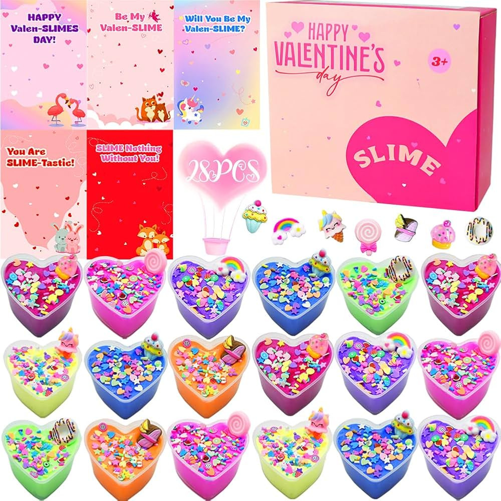 UMEELR Valentines Day Hearts Slime Kit, 28 Pack Valentine Cards with DIY Butter Slime, Stress Rel... | Amazon (US)