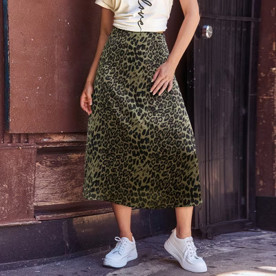 Cupshe Women's Chic Leopard Print Midi Skirt with Lightweight Flowy Labric-L-Green | Target