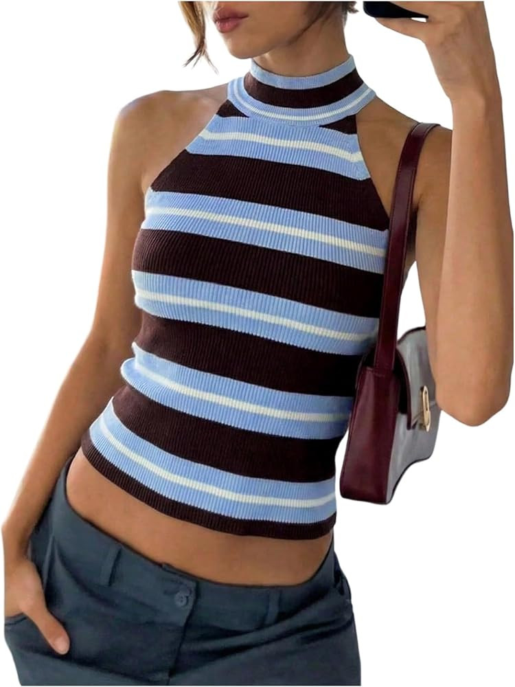 MakeMeChic Women's Striped Halter Tops Summer Sweater Vest Y2K Knit Crop Tank Tops | Amazon (US)