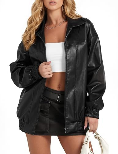 GraceSelect Women'S Oversized Faux Leather Jacket Comfortable Fall Winter Zip Up Baggy Black Motorcycle Coat Fashion Outfits | Amazon (US)
