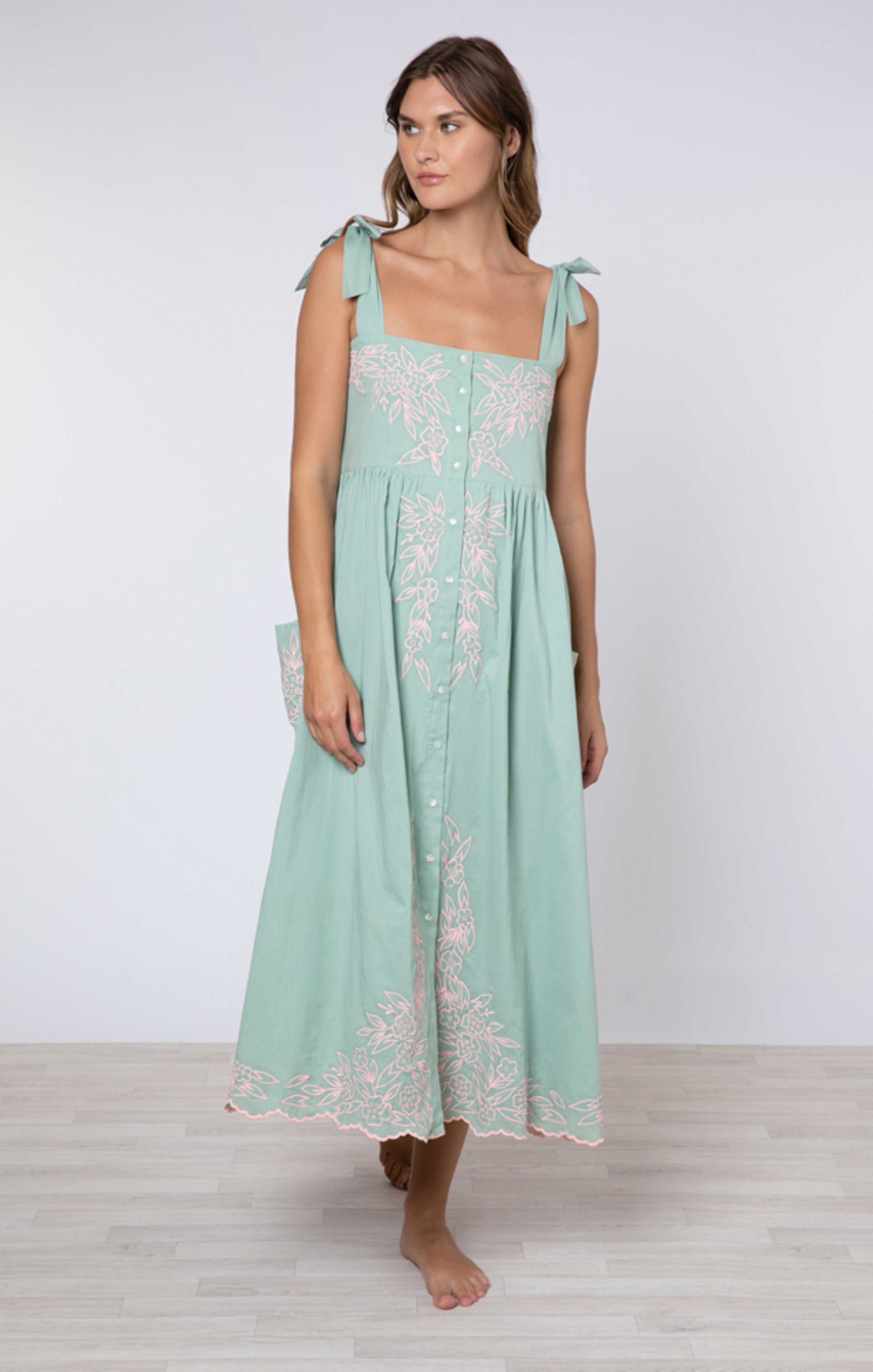 Juliet Dunn Tie Shoulder Dress, Flower Embroidery Sage Candy | Monkee's of Mount Pleasant