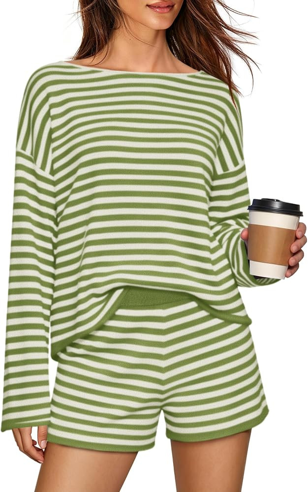 SENSERISE Womens 2 Piece Striped Set Off the Shoulder Sweater Shorts Sets | Amazon (US)