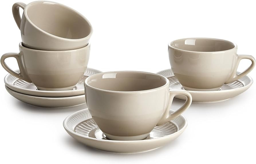 Sweese 6 Ounce Cappuccino Cups with Saucers, Porcelain Double Espresso Cups Set of 4 - Gray | Amazon (US)