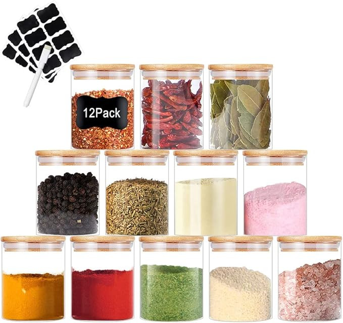 Nialnant 12 Pcs Glass Spice Jars with Bamboo Lids, 6oz Small Glass Jars with Labels & Pen, Glass ... | Amazon (US)