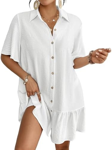 Bsubseach Women Swimsuit Coverup Bell Sleeve Beach Shirt Dress | Button Down Bathing Suit Cover U... | Amazon (US)