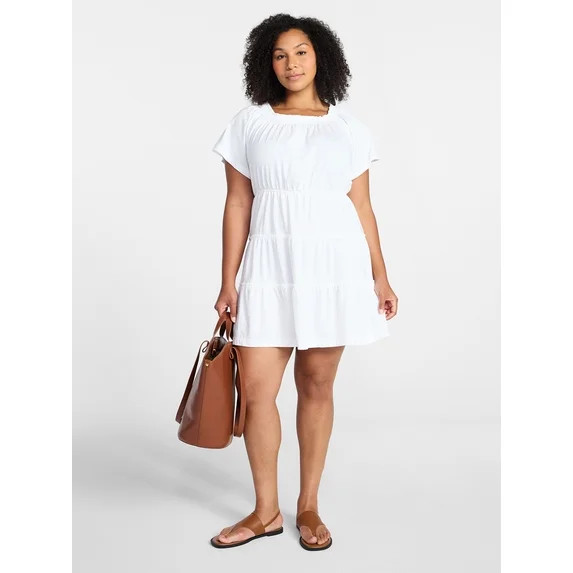 Time and Tru Women's Tiered Cotton Mini Dress with Flutter Sleeves, Sizes XS-XXXL | Walmart (US)