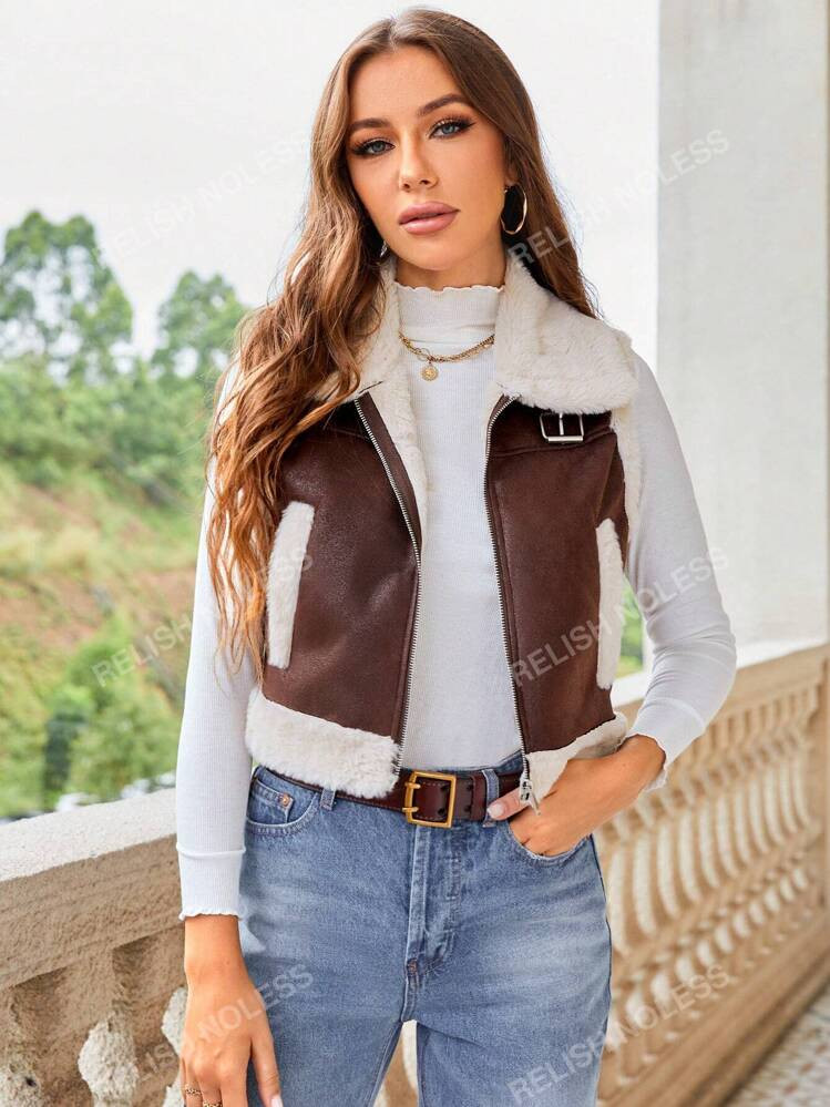 Borg Collar Teddy Lined Vest  | SHEIN