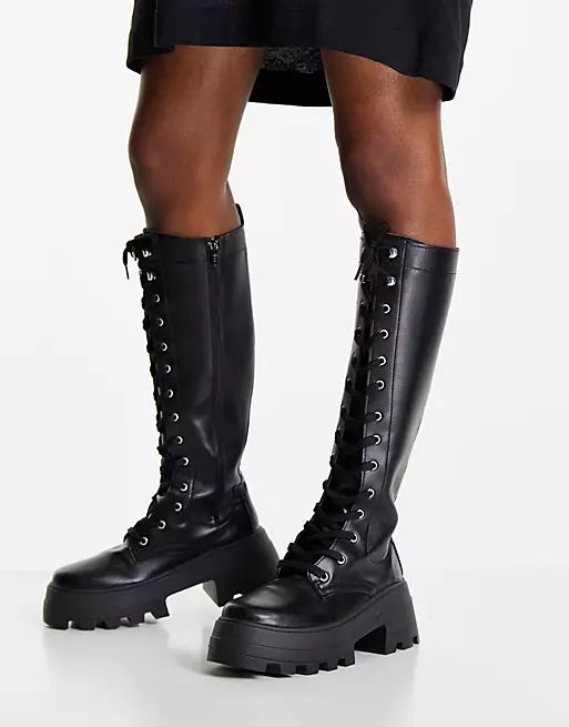 ASOS DESIGN Carter chunky lace up knee boots in black | ASOS (Global)