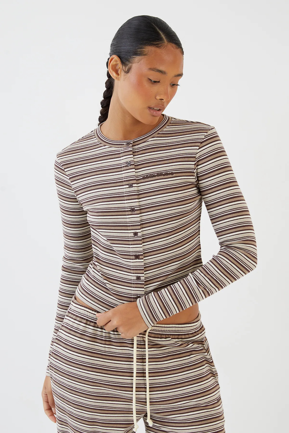 DSGN Studio Women's Stripe Button Through Long Sleeve Top in Dark Chocolate | Size: Small | Boohoo.com (UK & IE)