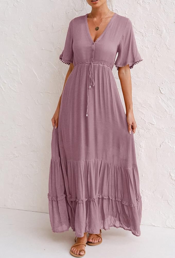 R.Vivimos Womens Summer Cotton Short Sleeve V Neck Floral Print Casual Bohemian Midi Dresses | Amazon (US)