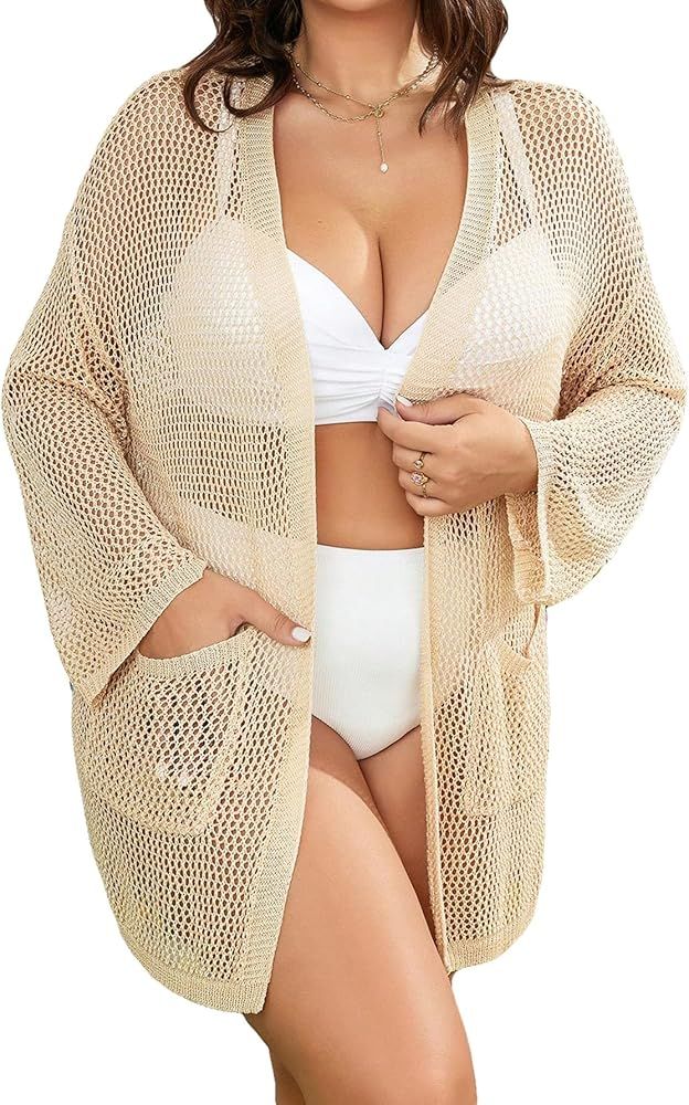 OYOANGLE Women's Plus Size Hollow Out Long Sleeve Pocket Front Kimono Cardigan Beach Cover Up Swi... | Amazon (US)