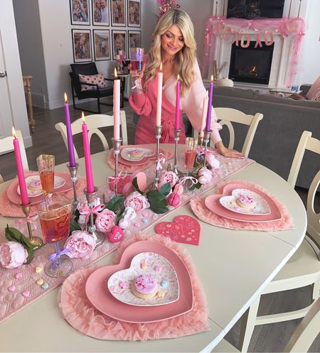 Valentines tablescape 💝 I have Amazon links for my sweater dress, glasses, some dishes, and candles. Some are the exact and some are similar because they were purchased last year. 

#LTKhome #LTKfindsunder50 #LTKSeasonal