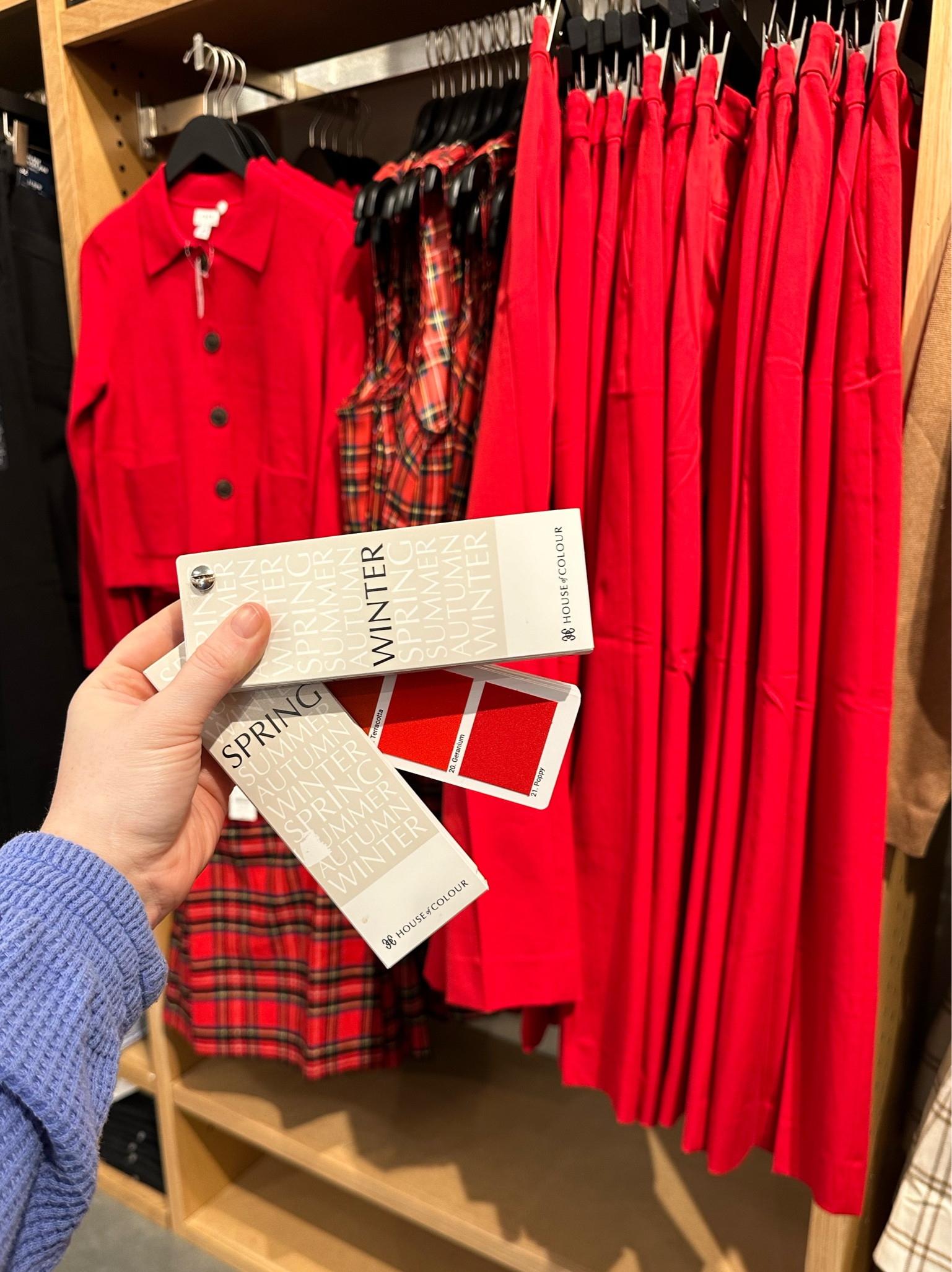 Gorgeous true red. The items with black through them will be better for a winter over a the other seasons  