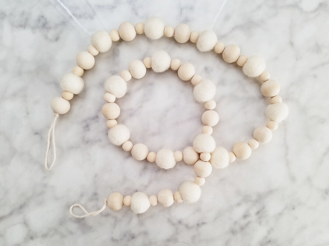 Ivory Felt Ball and Wood Bead Christmas Tree Garland / Modern - Etsy | Etsy (US)