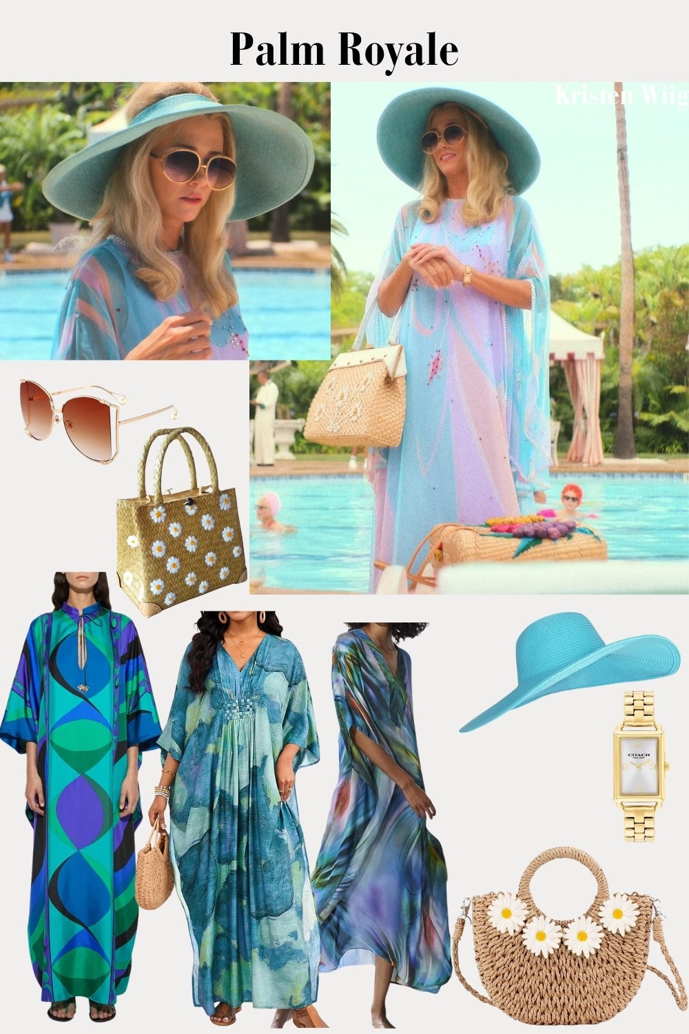 Maxine Simmons Outfit 4 Episode 2 - Maxine with a wide-brim teal sun hat, gold sunglasses, teal and purple caftan, and a woven satchel.