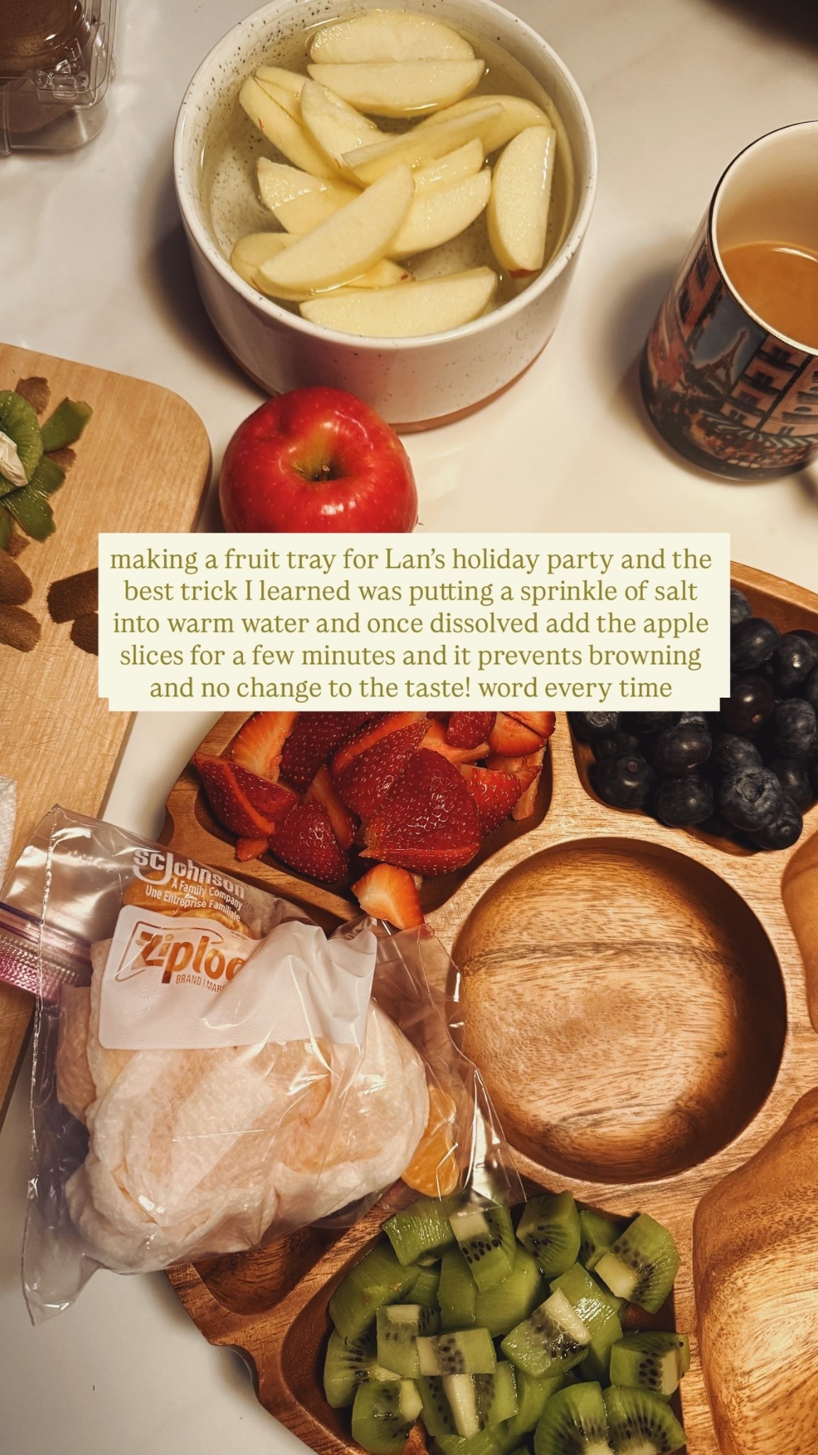 making a fruit tray for Lan’s holiday party and the best trick I learned was putting a sprinkle of salt into warm water and once dissolved add the apple slices for a few minutes and it prevents browning and no change to the taste! My exact snack tray is old from joy meets home, but linked most similar 

#LTKFindsUnder50 #LTKHome