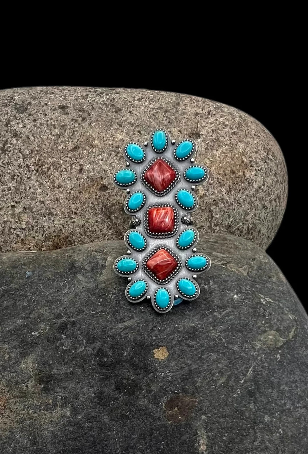 Navajo Sterling Silver Sleeping Beauty Turquoise Red Spiny Oyster Cluster Ring 7.75, Turquoise Ri... | Etsy (US)