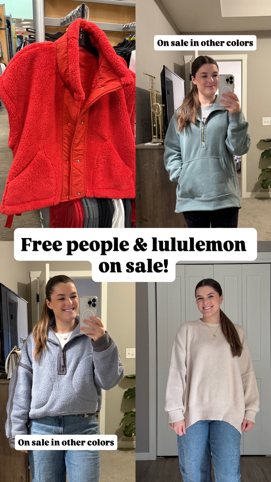 Free people is 50% off select items. Items pictured here are different discount from other retails. Everything true to size and oversized fit

Lululemon scuba sweatshirt is true to size but I sized up for roomier fit. Under $100!

Black Friday deals, cyber Monday, gifts for her, Sherpa, vest, look for less, oversized sweater 

#LTKGiftGuide #LTKCyberWeek #LTKHoliday