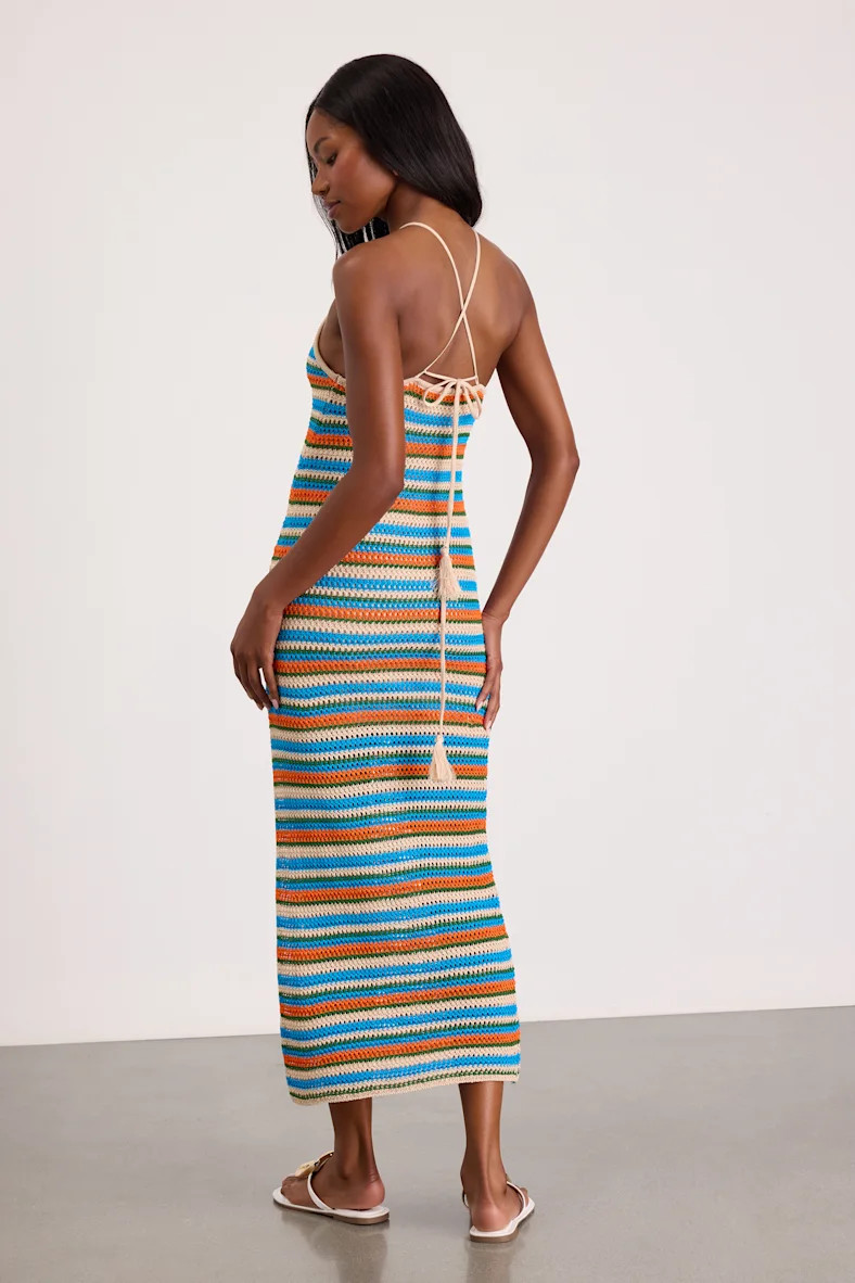 Nalani Blue Multi Striped Crochet Halter Midi Dress | Lulus