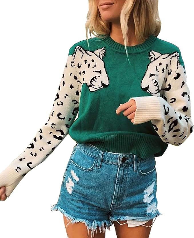 Angashion Women's Sweaters Casual Leopard Printed Patchwork Long Sleeves Knitted Pullover Cropped... | Amazon (US)