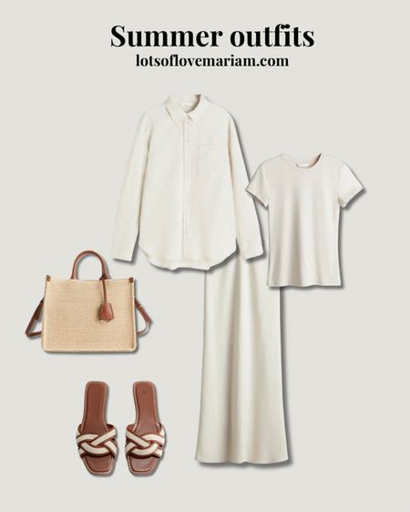 Modest summer outfit - maxi skirt, oversized linen shirt, the best skims dupe fitted top (so soft and fits so nicely), brown sandals, straw bag

#LTKsummer #LTKeurope #LTKstyletip