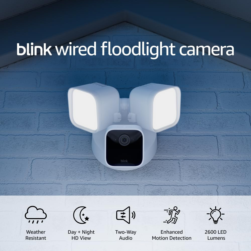 Blink Wired Floodlight Camera, Smart security camera, 2600 lumens, HD live view, enhanced motion detection, built-in siren, Works with Alexa, 1 camera (White) | Amazon (US)