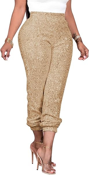Salimdy Womens Glitter Sequin Joggers Pants High Waist Stretchy Hip Hop Club Wear Shiny Trousers | Amazon (US)