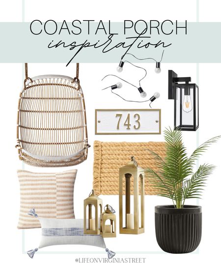 Coastal porch decor inspiration including this porch swing, house number, throw pillows, planter, faux palm plant, jute doormat, lanterns, outdoor string lights, and an outdoor sconce light.

porch decor, outdoor decor, coastal style, coastal home, coastal living, coastal home decor, outdoor home decor, outdoor inspiration, outdoor style, amazon, serena and lily, target, ballard designs, pottery barn

#LTKSeasonal #LTKhome #LTKstyletip