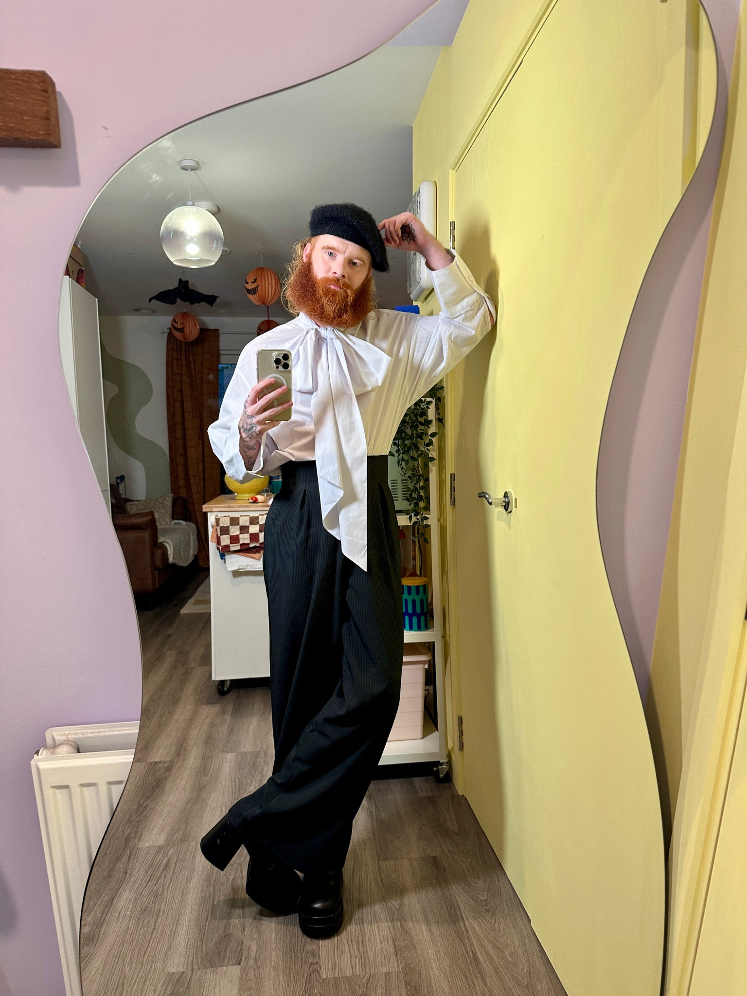 White oversized shirt with bow, high waisted black trousers, black wide leg tailored pants, heeled chunky boots, black beret, men’s fashion

#LTKeurope #LTKSeasonal #LTKmens